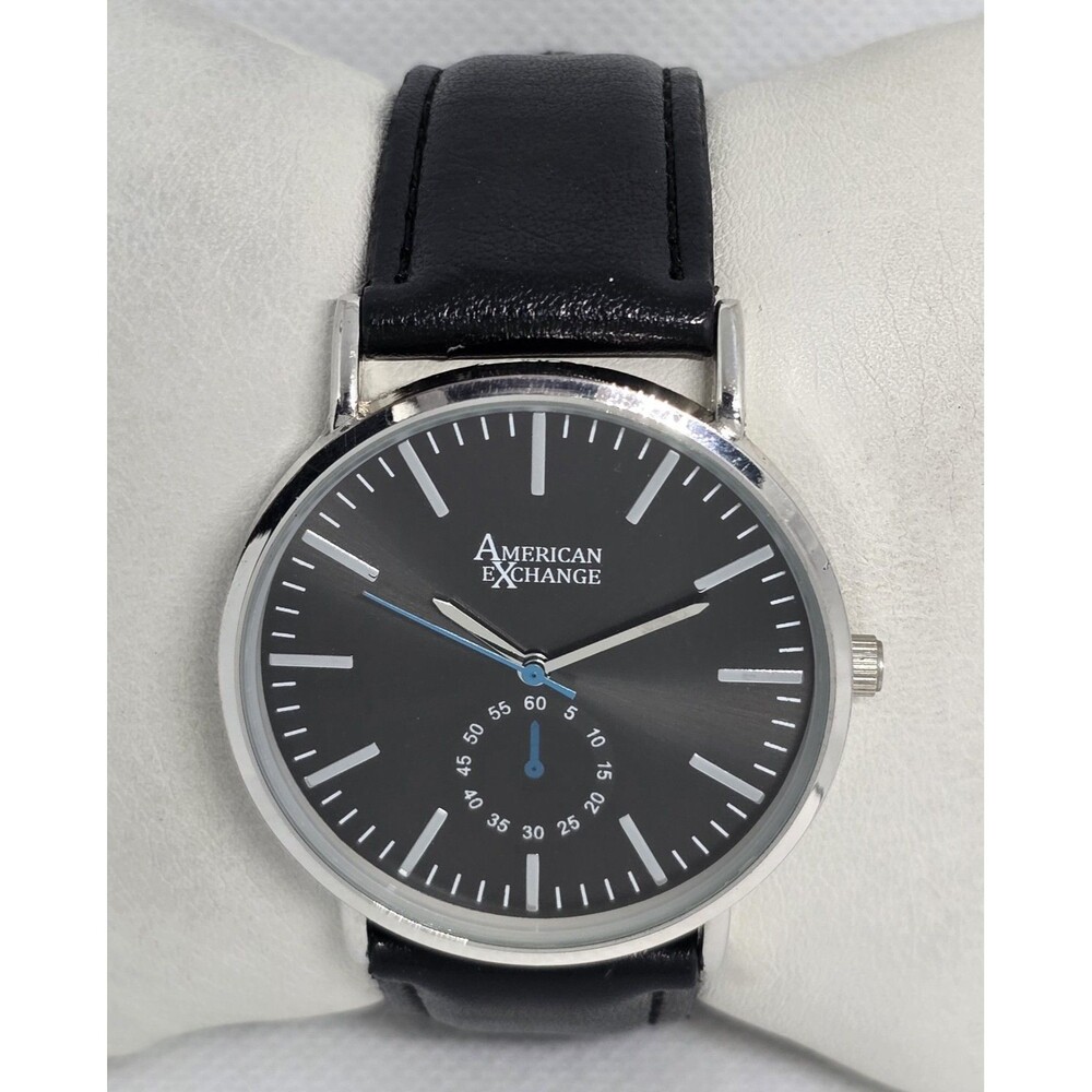 Men's American Exchange Classic Silver Tone Black Dial Leather Strap Watch 11 - Picture 4 of 9